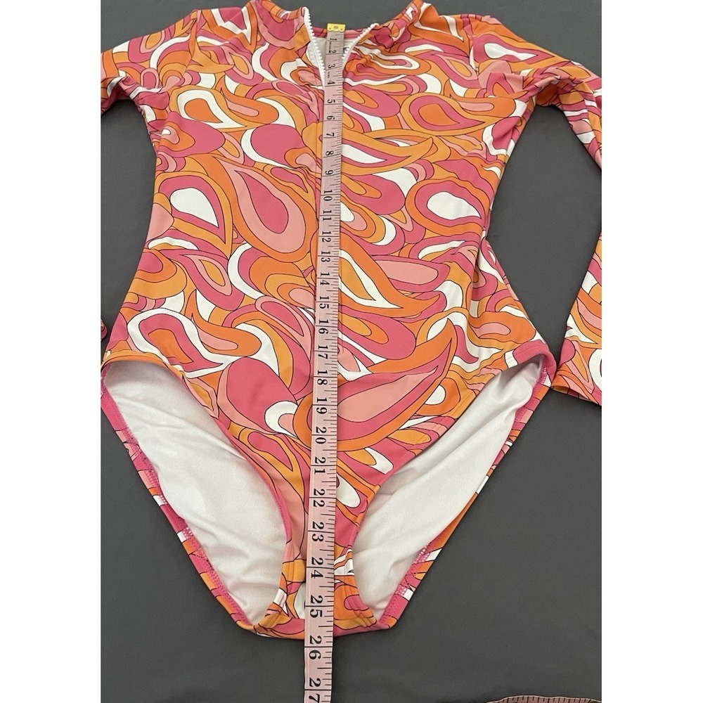 Michael Kors Front Zip Long Sleeve One Piece Swimsuit Women 12 Retro Pink Orange - Picture 8 of 9